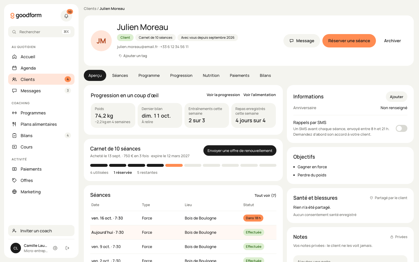 La fiche d’un client : séances restantes, prochaines séances, paiements et notes