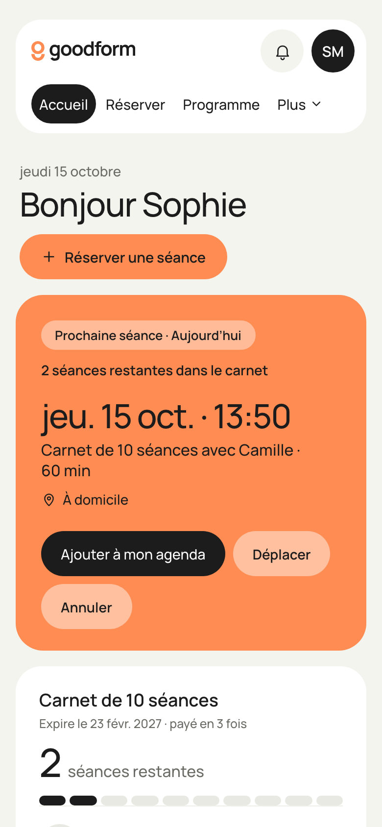 L’espace client sur téléphone : prochaine séance, programme et séances restantes