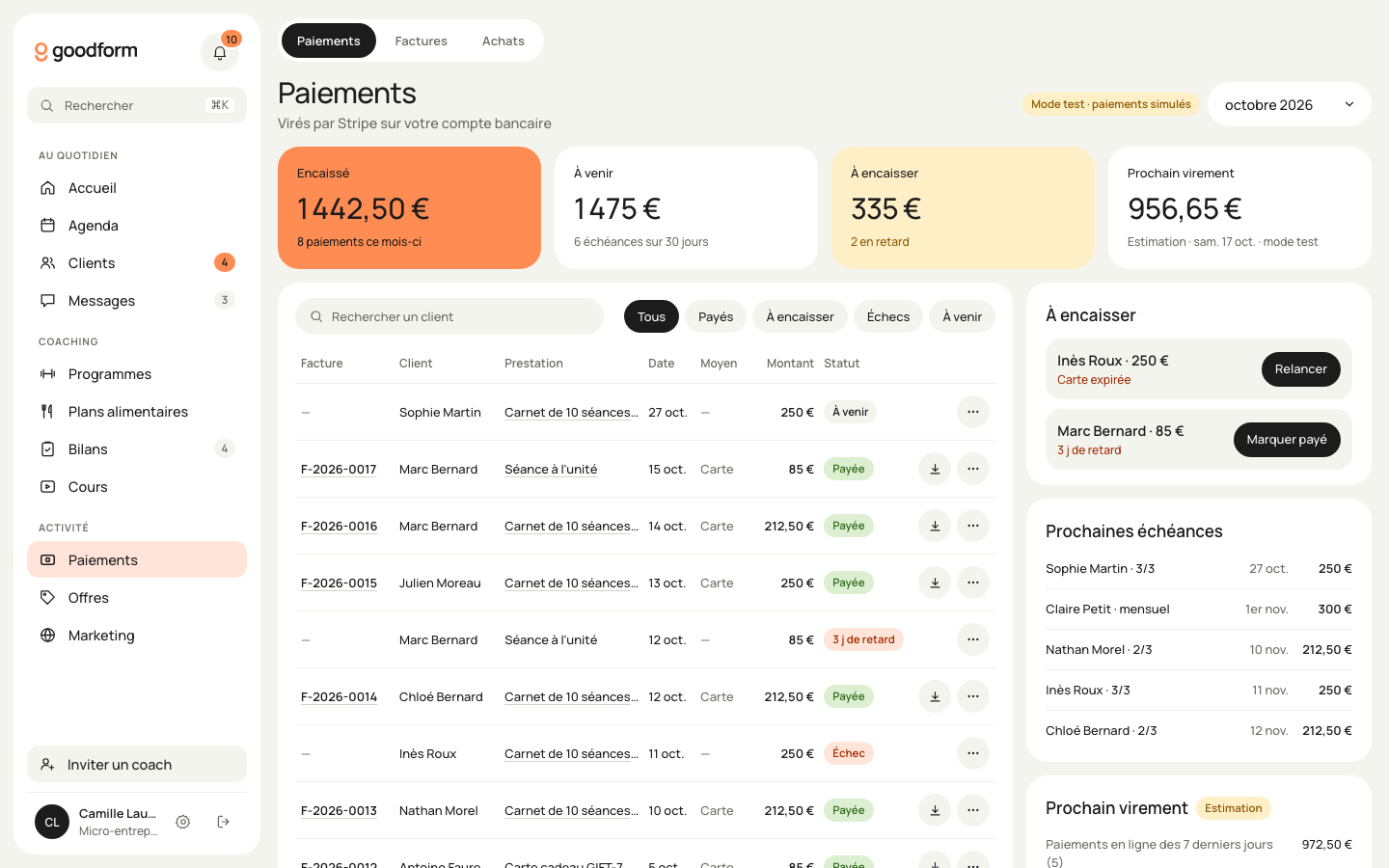 La page Paiements : encaissé, à encaisser et factures